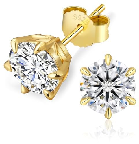 KRKC Moissanite Ohrringe für Damen, S925 Silber Diamant Ohrstecker 6-Krappen, 14K Gold vergoldet VVS1 D Farbe, 2 Karat Nickelfrei Rund Ohrschmuck