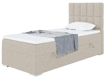 MEBLINI Boxspringbett mit Bettkasten - Gepolstert Einzelbett mit Matratze und Topper - Polsterbett mit Stauraum - Bett mit Kopfteil - Stauraumbett - Lukas - 80x200 Rechts - H3/Beige Webstoff