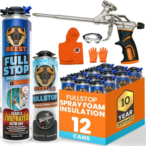BEEST FullStop Spray Foam Insulation Kit - 240 Board ft/sq.ft. Fire Rated Spray Insulation Foam for Walls & Attics with Thermal & Soundproofing - Includes 12x Cans, 1 Cleaner, Pro X Gun, Safety Gear