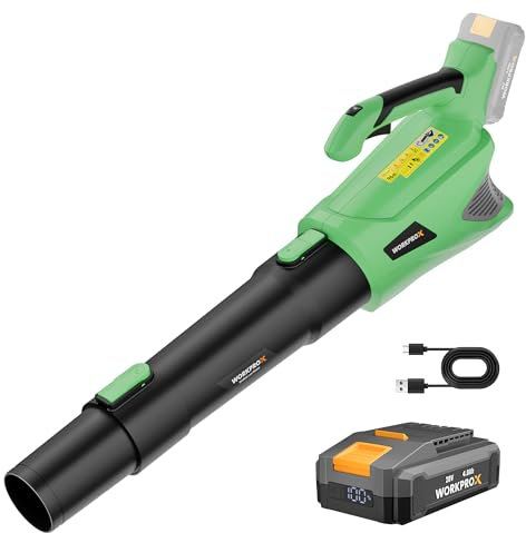 WORKPROX Soffiatore per Foglie, Soffiatore a Batteria 20V, con Potente Flusso d'Aria 144 KM/H, Capacità 850 M³/H, Controllo a 5 Velocità, Soffiatore per Giardinaggio