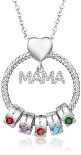 Kette Damen Geschenke für Mama - Personalisierte MAMA Kette mit 1–5 Namen Halskette Schmuck Charms Anhänger für Mutter Tochter Weihnachten Muttertag Geburtstag (Silber-5 Namen 5 Geburtssteine)