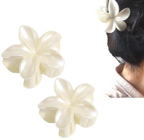 2er Set Metallische Blumen-Haarklammern,Große rutschfeste Haarspange Temperamentvoller Lilienblüten-Greifer,Französische elegante perlmuttartige Haarnadel,Weiß, 8 cm (2 Stück)