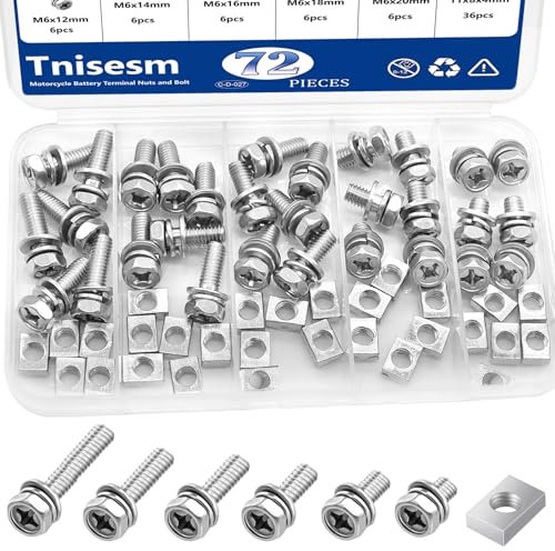 Tnisesm 72PCS Battery Terminal Motorcycle Bolts and Nuts Kit M6x10/12/16/18/20mm 304 Stainless Steel Battery Bolt with Square Nut for ATV Bike, Motorcycle, Scooter