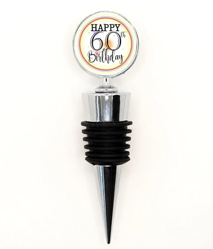Happy 60th Birthday Wine Bottle Stopper, Decorative Chrome Wine Stopper with Black Rubber Seal