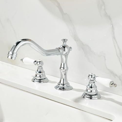 Wasserhahn Bad 3 Loch Badarmaturen Mischbatterie Waschtischmischer Retro Doppelgriff Wasserhahn Waschbecken für Badezimmer Messing Chrom
