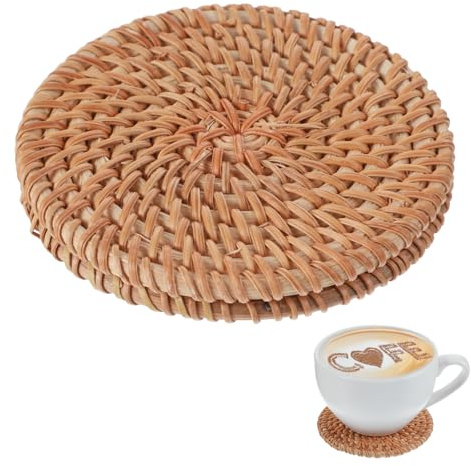 2 Stück Untersetzer Rattan,Ymapinc Handgewebte Untersetzer Gläser Natürliche Kaffeeuntersetzer Wiederverwendbare Coasters für Büro Schreibtisch Café(10 cm)