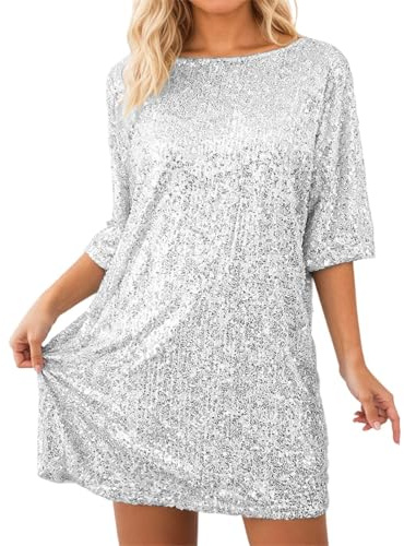 Paillettenkleid Damen Glitzerkleid Damen Partykleid Glitzer T-Shirt Kleid, Sparkle Minikleid Kurzarm Lockerer Schnitt, Elegant Party Tunika Longshirt FüR Karneval Silvester Disco Clubwear