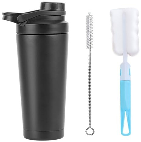 Nzkeuf 750ml Metal Protein Shaker Bottle, Leak-Proof Stainless Steel Shaker with 2 Cleaning Brushes, Double-Wall Insulated, Easy Clean, Ideal for Protein, Creatine, Pre-Workouts & Hydration (Black)
