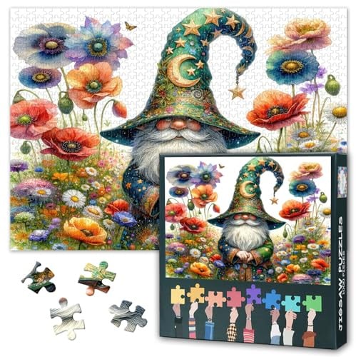Zauberer Puzzle 1000 Teile Erwachsene, Farbenfrohe Mohnfeld und Gnom Kunst, Skurrile Fantasy Garten Herausforderungen, Mystisches Natur Puzzle, Einzigartiges Geschenk, 70 x 50 cm