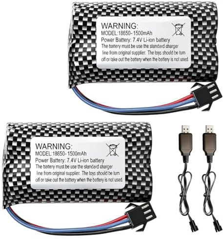 HOVCEH 2 Pièces 7,4V 1500mAh Li-Ion Accu, 7,4V Accu RC, Batteries au Lithium Rechargeables avec Câble de Charge USB Connecteur SM-3P, Batterie Li-Ion Universelle 1500mAh pour Véhicules RC, Bateaux