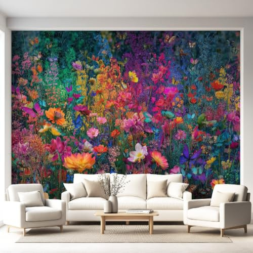 Papier Peint Panoramique Jardin Parterres de fleurs Papillons, Papier Peint Floral Insectes Peinture à l'huile, Fresque Murale Intissée Non Tissé Décoration Murale Salon Chambre Bureau 450 x 315 cm