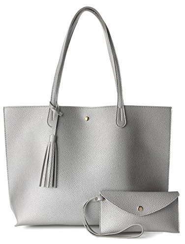 Damen-Schultertasche aus Kunstleder, minimalistisch, sauber geschnitten, genarbt, silber, Medium
