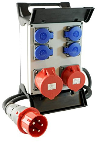 Mobiler Baustromverteiler/Standverteiler 4 x 230V/16A Schuko & 1 x CEE 16A/400V & 1 x CEE 32A/400V verdrahtet & 1,5m Zuleitung