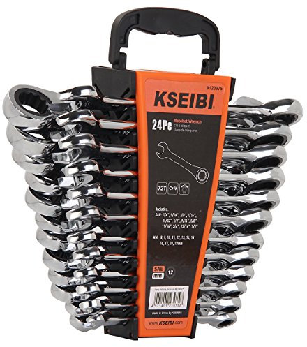 KSEIBI 123975 24-teiliges Ratschen-Ringmaulschlüssel-Set – Chrom-Vanadium-Stahl, Ratschenschlüssel-Set mit Aufbewahrungshalter, SAE & metrisch