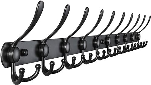 Dseap Wall Mounted Coat Rack - 96cm Long 10 Tri Hooks, Heavy Duty Stainless Steel Metal Coat Hanger Rail Wall Hooks for Coats Hats Clothing Clothes Purse Mudroom Entryway, Black