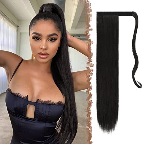 FESHFEN Lang Glattes Pferdeschwanz Haarteil Synthetik Haarverlängerung Zopf Haar Extension für Damen Mädchen, Natürliches Schwarz 70 cm