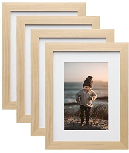 KINLINK 15x20 Bilderrahmen Naturholzrahmen mit Acryl-Plexiglas für Bilder 10x15 mit Passepartout oder 15x20 ohne Passepartout, Tisch- und Wandmontage, 4er-Set