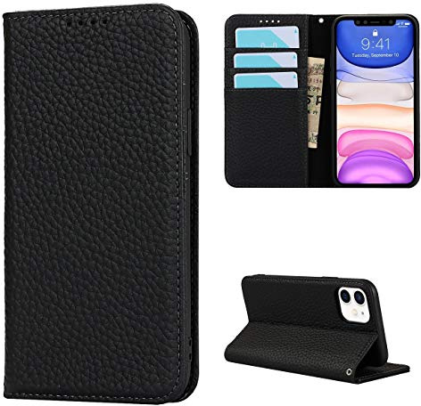 Copmob Phone Case Compatible with iPhone 11,Flip Genuine Leather Wallet Case,[4 Card Holders][Magnetic][With Lanyard],Protective Cover Case - Black