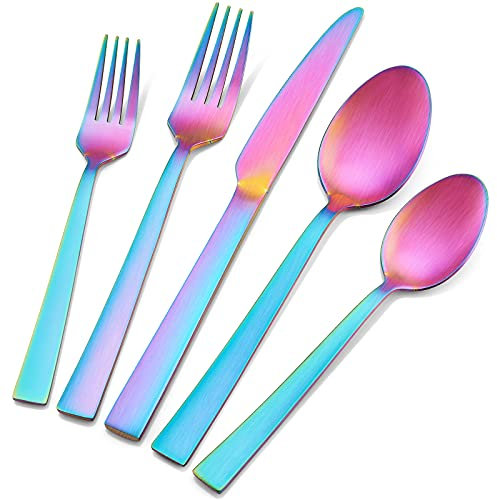 E-Far Besteck-Set aus Edelstahl, matt, Regenbogenfarben, 40-teilig, Besteck-Set für 8 Personen, buntes Besteck, Essutensilien, Geschirr, Messer, quadratischer Rand und spülmaschinenfest