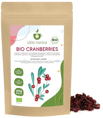 IDDA Herbal Mirtilli Rossi Secchi BIO 250g, Mirtilli Rossi Bio, Dolcificati con Succo di Frutta