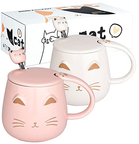 DONGSHANGIFT Cat Mugs Set of 2 - Cute Tea Cup Set With Lid and Spoon - Ceramic Coffee Mug for Women, Girls, Cat Lovers - 13oz/380ml Christmas Birthday Gift (White and Pink)