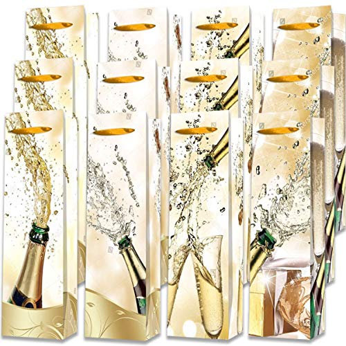 12 Wine Gift Bags - Premium Single Bottle Present Bags, 4 Champagne Designs. Perfect for Christmas, Birthdays, Dinner Party, Gift Wrap and Party Favours