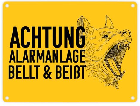 Achtung Alarmanlage bellt und beißt Metallschild in 15x20 cm mit Hunde Motiv Blechschild für Hundebesitzer mit bellendem Hund um Einbrecher abzuschrecken für deine Sicherheit