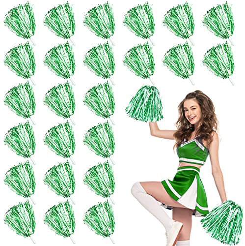 24 STK Metallisch Cheerleading Pompons zum Kinder, Cheerleader Jubeln Pom Poms mit Schlagstockgriff, Jubelnde Truppe Handblume zum Erwachsene Mannschaft Geist Sport Spiel Tanzparty (Grün und Weiß)
