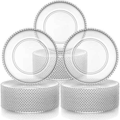 50 Pieces Clear Charger Plates Bulk 13 Inch Plastic Round Dinner Plate with Beaded Rim Acrylic Embossed Dinner Chargers Decorative Plates for Home Kitchen Party Wedding Events Dinner Tabletop Decor
