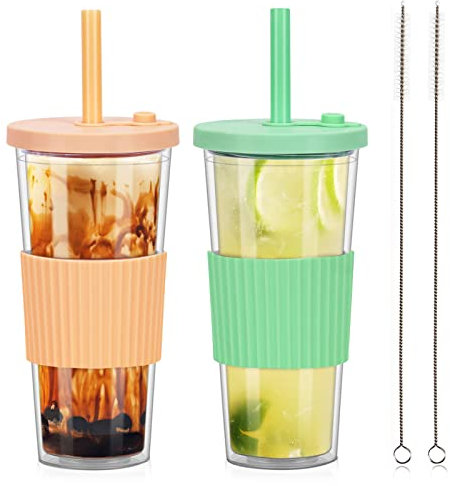 ZgoEC 24oz Bubble Tea Becher mit Deckel und Strohhalm, 2er Set Trinkbecher mit Strohhalm, BPA Frei Doppelwandig Isoliert Plastikbecher Tumbler Cup, Smoothie Eiskaffee Becher, Geschenk für Freund