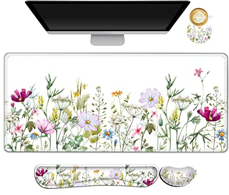 ARTSO Gaming-Mauspad, Handgelenkstütze, XXL, großes Schreibtischmatte, Mauspad + Tastatur-Handgelenkstütze, Maus-Handgelenkauflage + Untersetzer, 4-in-1, ergonomisch, Büro, weiße Blumen