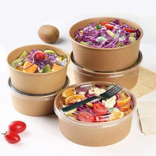 Lot 50 bols à salade à emporter bol carton kraft 1000 ml diamètre 14 cm hauteur 7 cm x 50 pièces + 50 couvercles vente à emporter restauration rapide poke bowl saladier