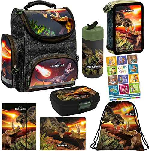 Goldkids Schulranzen Set 8er Ranzen Tornister Federmappe Turnbeutel Gummizugmappe Brotdose Trinkflasche Unterlage Aufgabenheft für die Grundschule Dinosaurier Dino Motiv