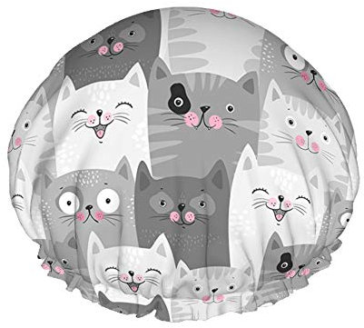 Cats Shower Cap,Cute Grey Cats With Funny Various Expressions Pattern Waterproof Double Layer Bath Caps Perfect For All Hair Lengths And Thicknesses