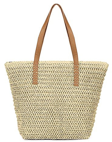 Sommer Strandtasche Damen Groß, Stroh Handtasche mit Reißverschluss, Beach Bag Korbtasche, The Tote Bag mit Leder Schultergurt, Strohtasche Einkaufstasche für Strand Reise (Beige & Braun)