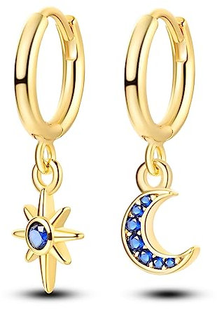 NARMO Dangle Drop Ohrringe 925 Sterling Silber Gold überzogene Star&Moon Ohrringe Blau Cubic Zirkonia Hoop Ohrringe für Frauen Mädchen