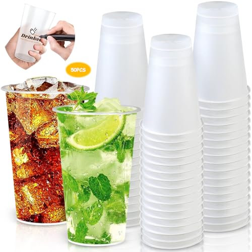 MOYKSRR Juego de 50 Vasos de Fiesta, Vasos de Plástico Duro Transparente 500ml/16oz, Reutilizable Vasos de Plástico para Batidos, Zumos, Bebidas Frías - Bodas, Cumpleaños, Navidad, Fiestas