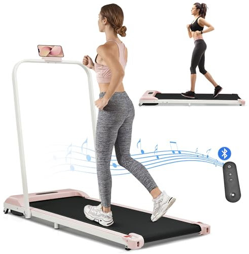 Merax Walking Pad, Elektrisch Laufbänder mit Bluetooth-Lautsprecher, Fernbedienung und LED-Anzeige für Joggen, Klappbar Under Desk Laufband 1-6 km/h Geschwindigkeit für Zuhause, Büro, Fitness, Rosa