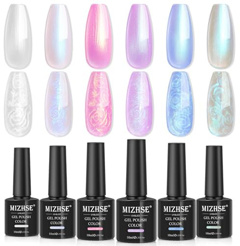 MIZHSE Pearl Effect Gel Nagellack Set - 6 Farben UV Nagellack weiß Pearl Spirale Schimmer Effekt mit Thread Shell Nagel Maniküre UV/LED Soak Off Pearl Gel Nail Polish 10ml