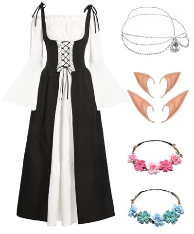 Damen Mittelalter Renaissance Kostüme Kleid Gothic Kleidung Steampunk Elfen Piraten Cosplay Karneval Kostüm Vintage Kleider mit mit Elfenohren Haarschmuck Socken für Fasching Halloween VL026L