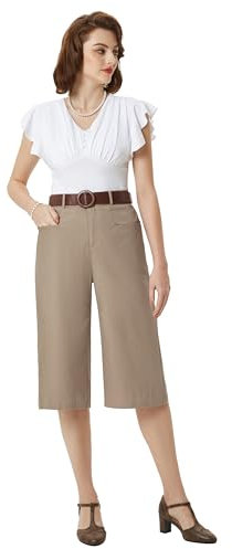 Belle Poque Damen 3/4 Hose Elastische Taille Hose Freizeithose mit Tasche Elegante Capri Hose Casual Hose Khaki XXL BP0907S24-02