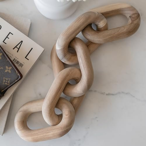 PEAKOLY Bücherregal-Dekorartikel – Akazienholz-Kettenglied-Dekor, Couchtisch-Zubehör, Bücherregal-Dekorationen, Skulptur für Regale, dekorative Objekte aus Holz, Glieder-Ornament, Wohnzimmerakzente