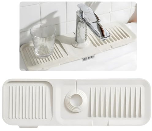 LURVOUS Silicone Sink Faucet Mat, Sink Splash Guard Draining Mat Around Tap, Silicone Sink Mat Draining Mat Faucet Mat for Kitchen Bathroom Counter, Sink Drainer Mat Sink Tidy Mat (White)