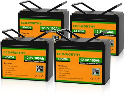 ECO-WORTHY LiFePO4 12V 400Ah Akku,Lithium Batterie 12V mit über 3000 Mal Tiefzyklen und BMS Schutz für Wohnmobil, Camping, Solaranlage, Solarpanel Kit und Boot (4 Pack LiFePO4 100 Ah)