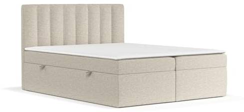 maison de reve - Boxspringbett 160x200 cm NOVENTO, mit Bettkasten, Bett mit H3 Bonellmatratze (18 cm hoch), Polsterbett mit PU-Topper und Kopfteil, Webstoff, Boxbetten, Boxspringbetten - Beige