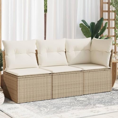 CIADAZ Gartensofa mit Kissen 3-Sitzer Beige Poly Rattan, Balkonmöbel, Gartenlounge, Gartenmöbel, Balkon Sofa, Terrassen Sofa, Terrassenmöbel - 366076