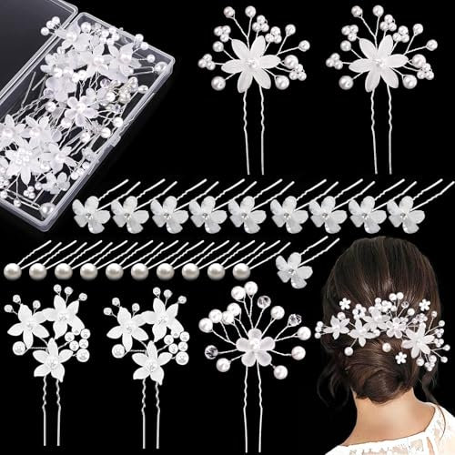 25 Stück Braut Haarschmuck Hochzeit, Braut Haarnadeln Hochzeit Perlen Braut Haarnadeln Blumen Strass, U-förmig Braut Haarspangen Hochzeit Damen Mädchen Brautschmuck Harre Kommunion Kopfschmuck, Silber