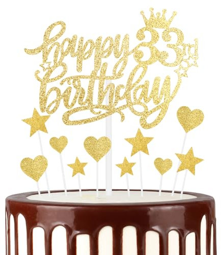 mciskin Gold Happy 33rd Birthday Cake Toppers - Glitter Heart Stars, Cupcake Decorations for Women & Men