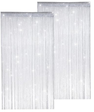 String Curtains Door Fly Screen Curtain, 2 PCS Beaded Door Curtain Glitter Silver Curtains String Door Curtain Beads Room Divider Curtains 80 × 38 Tassel String Curtain for Doors Windows Home Decor
