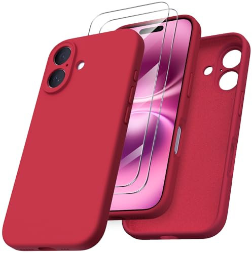 ORNARTO Compatible with iPhone 16 Case, Shockproof with Screen Protectors, Waterproof Liquid Silicone Rubber Full Cover Protective Case for 6.1 inch-Red